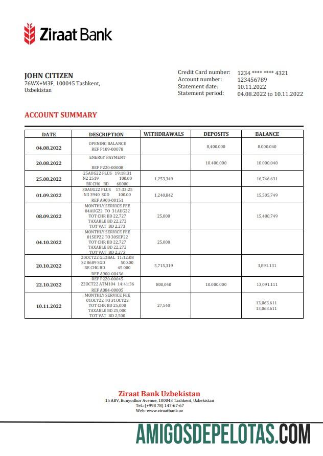Uzbekistan Ziraat extrato bancário amostra
